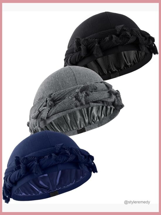 Satin Lined Pre-Tied Halo Turban Beanie Headwrap Durag Skull Cap with Braids main image 4